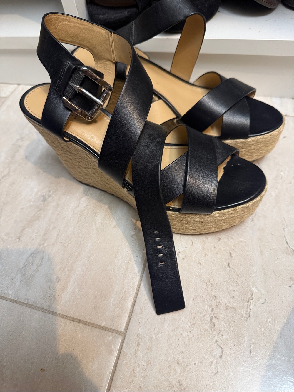 Black Leather Espadrille Wedge Sandals - Women's